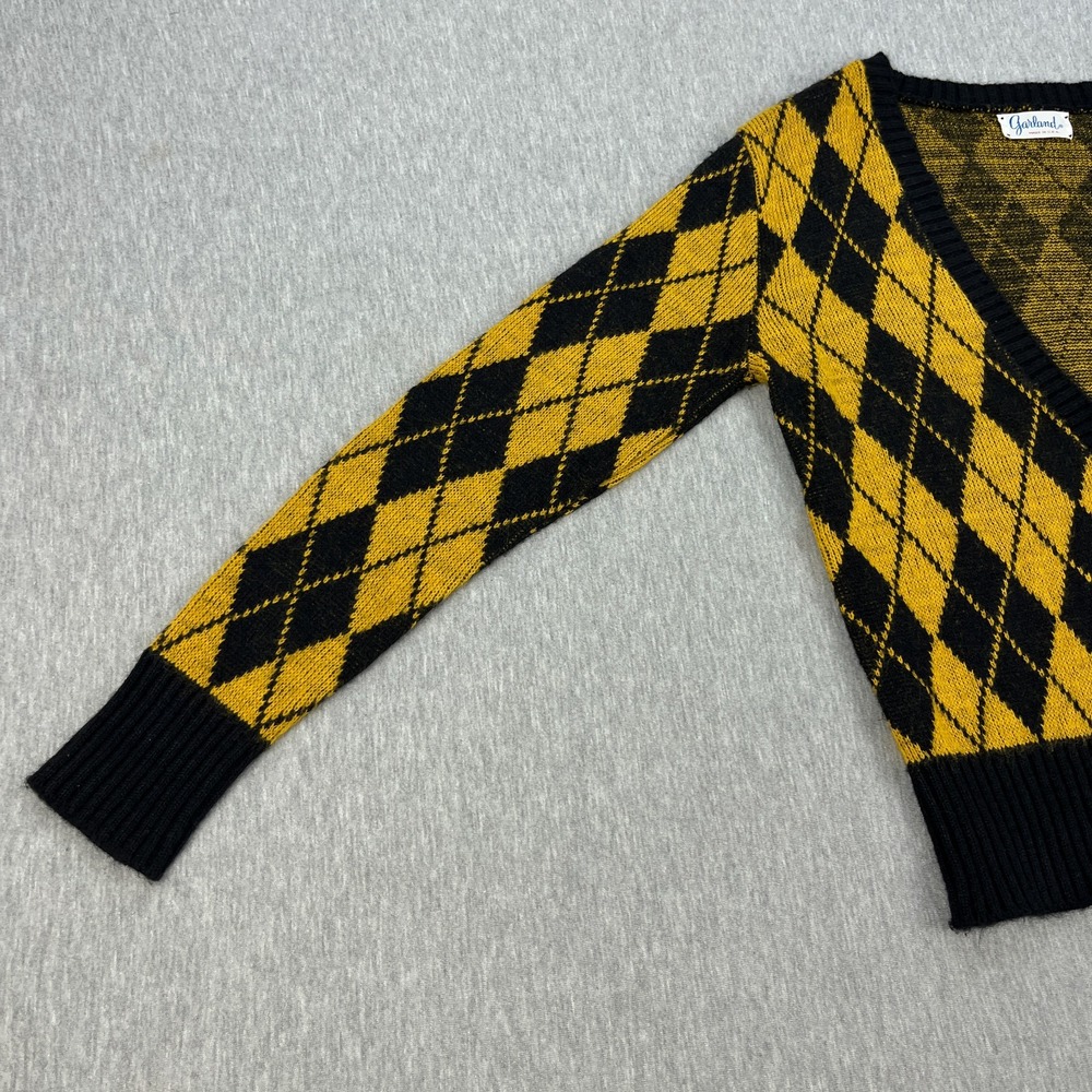 Vintage Garland Argyle Cardigan Sweater Womens S Yellow Black Orlon Acrylic 60s - Picture 2 of 10